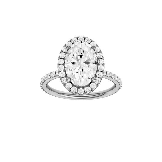 Oval-cut diamond engagement ring with a prong-set diamond band and halo setting.