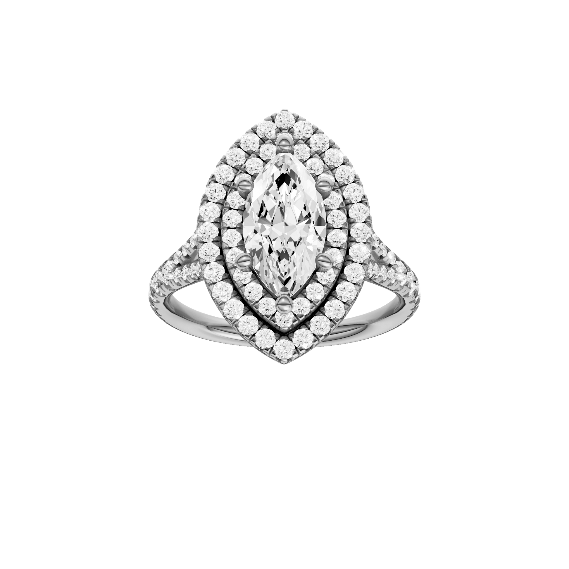 Marquise-cut diamond engagement ring with a prong-set diamond band and double-halo setting.