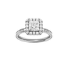Princess-cut diamond engagement ring with a channel-set diamond band and halo setting.