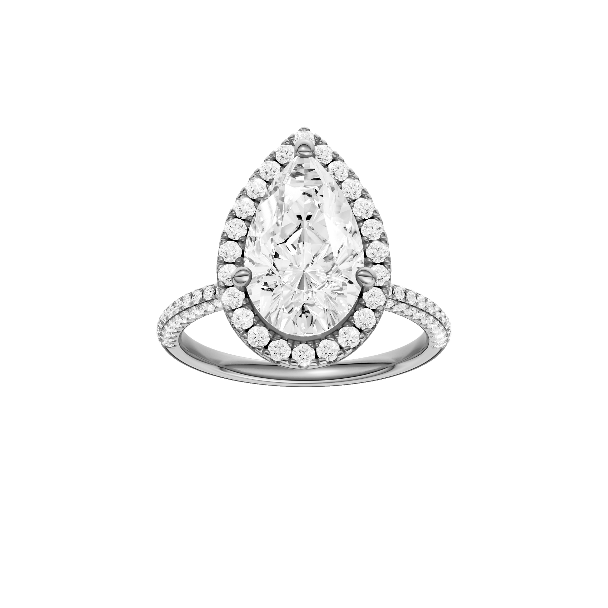 Pear-cut diamond engagement ring with a pavé-set diamond band and halo setting.