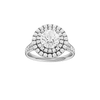 Round-cut diamond engagement ring with a channel-set diamond band and double-halo setting.