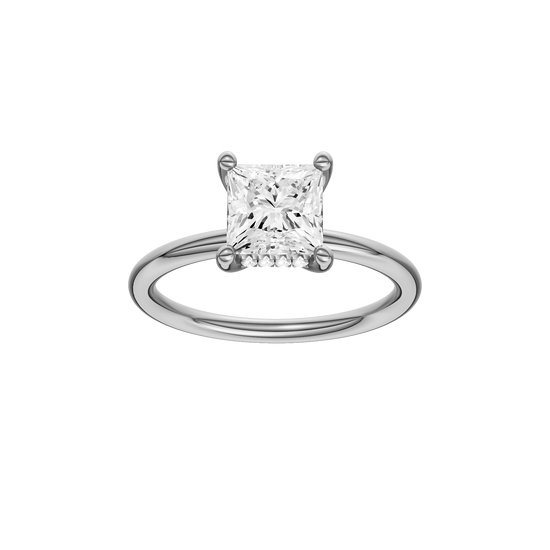 Princess-cut diamond engagement ring with a plain band and hidden-halo setting.