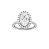 Oval-cut diamond engagement ring with a prong-set diamond band and halo setting.