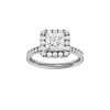 Princess-cut diamond engagement ring with a channel-set diamond band and halo setting.