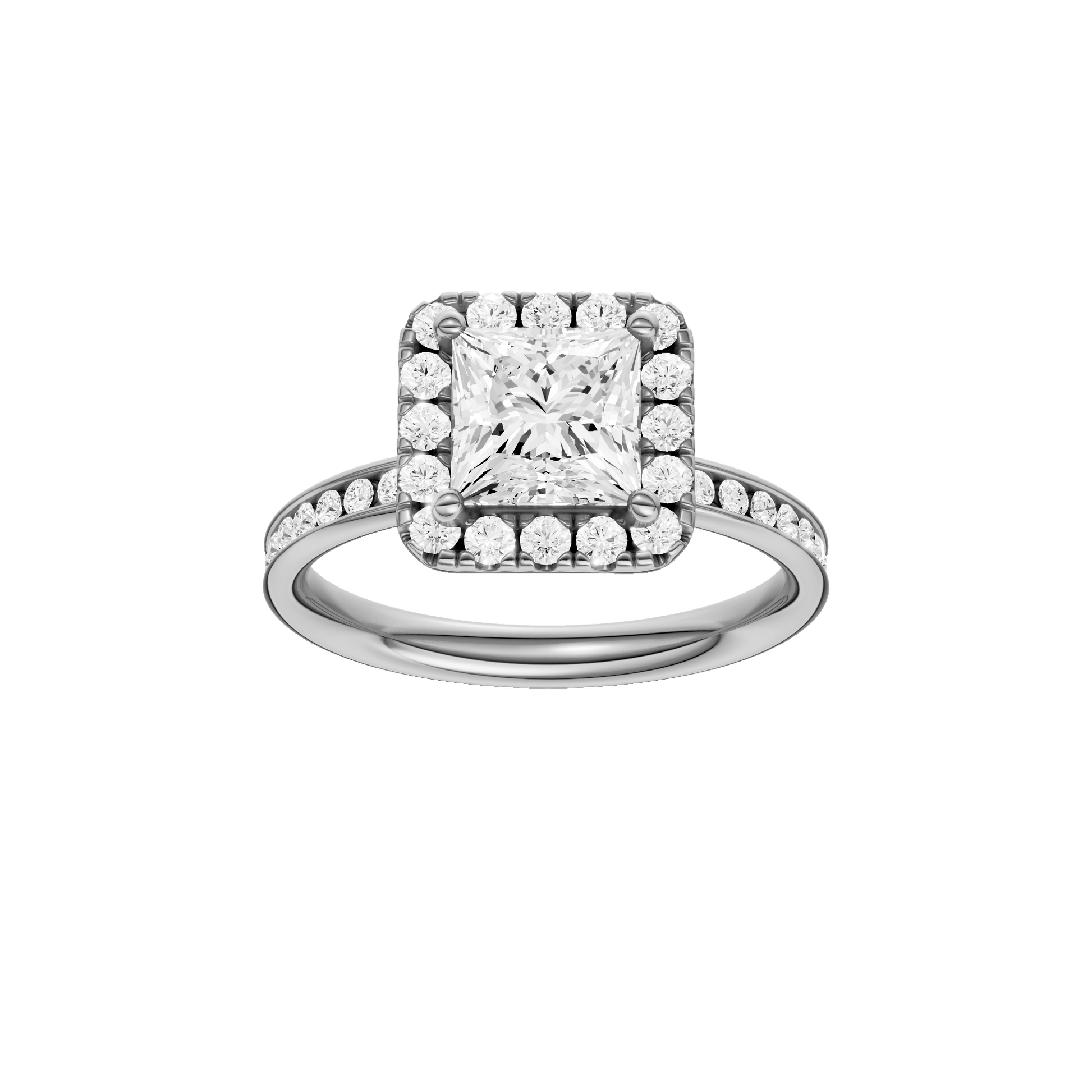Princess-cut diamond engagement ring with a channel-set diamond band and halo setting.