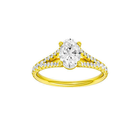 Oval-cut diamond engagement ring with a prong-set diamond band and solitaire setting.