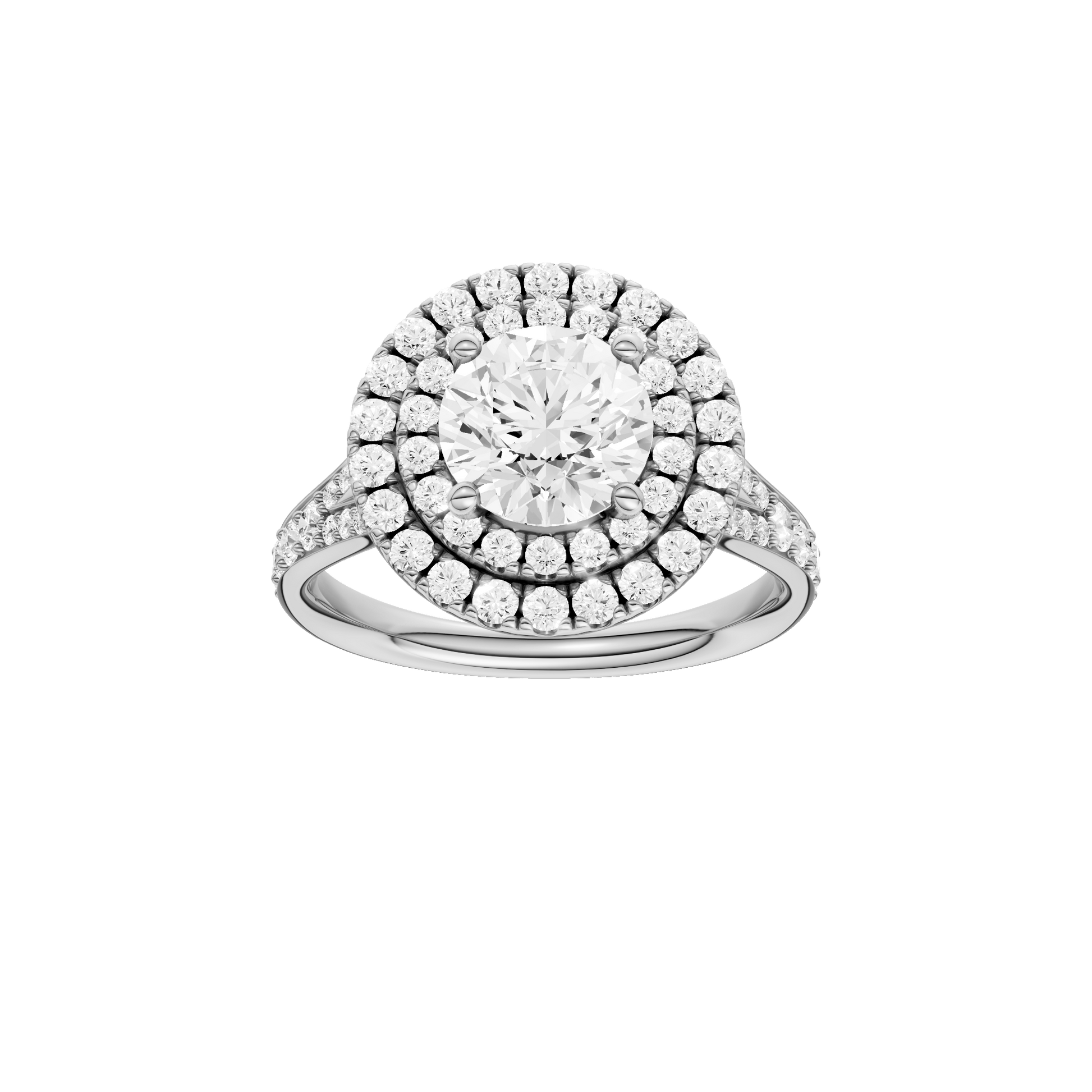 Round-cut diamond engagement ring with a channel-set diamond band and double-halo setting.