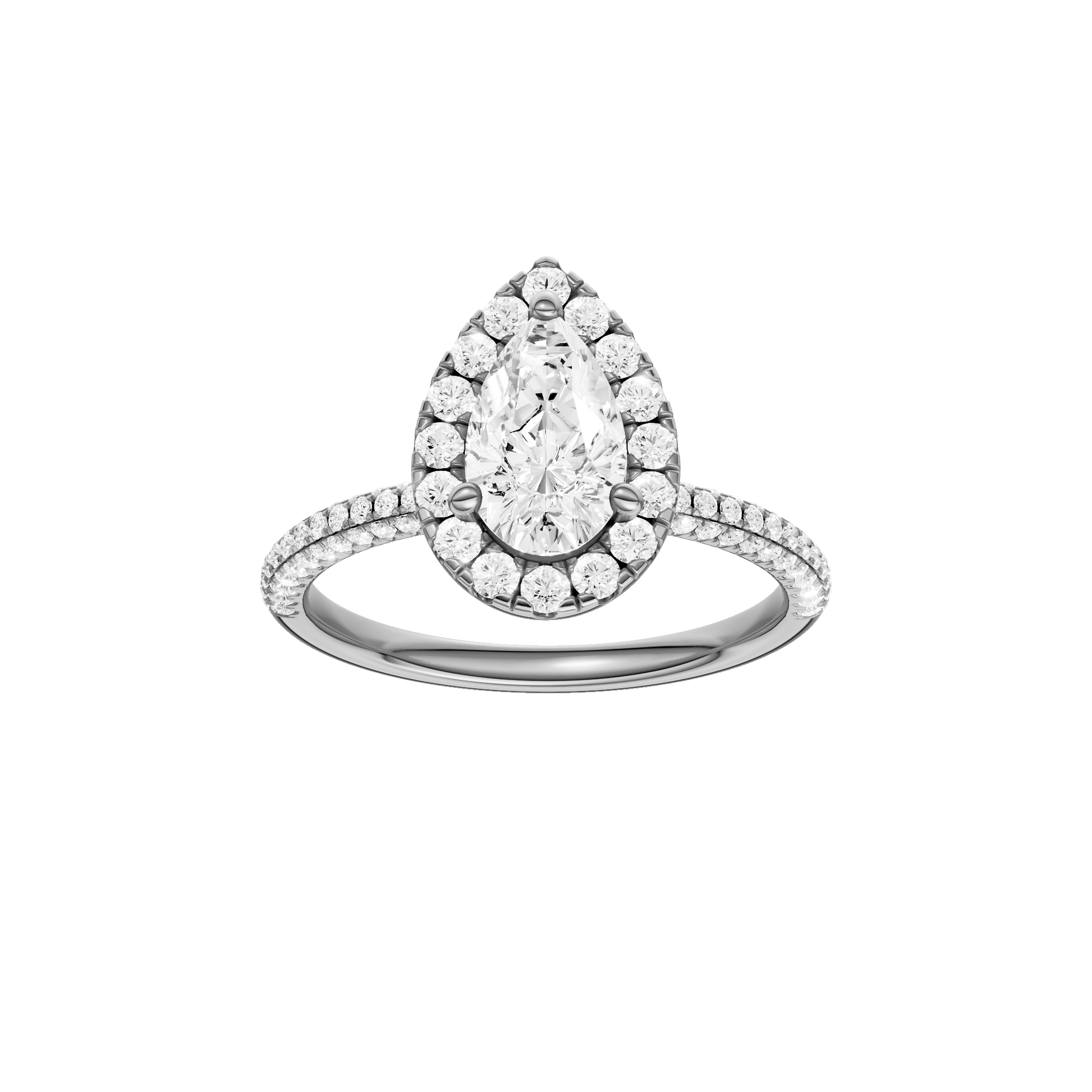 Pear-cut diamond engagement ring with a pavé-set diamond band and halo setting.