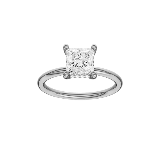 Princess-cut diamond engagement ring with a plain band and hidden-halo setting.