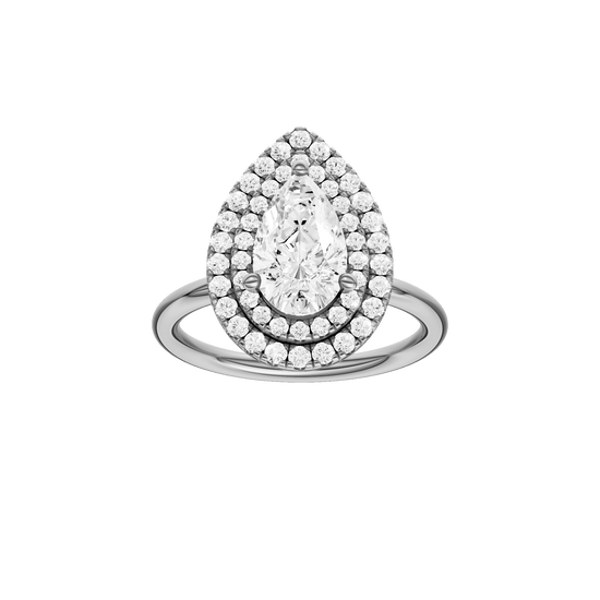 Pear-cut diamond engagement ring with a plain band and double-halo setting.