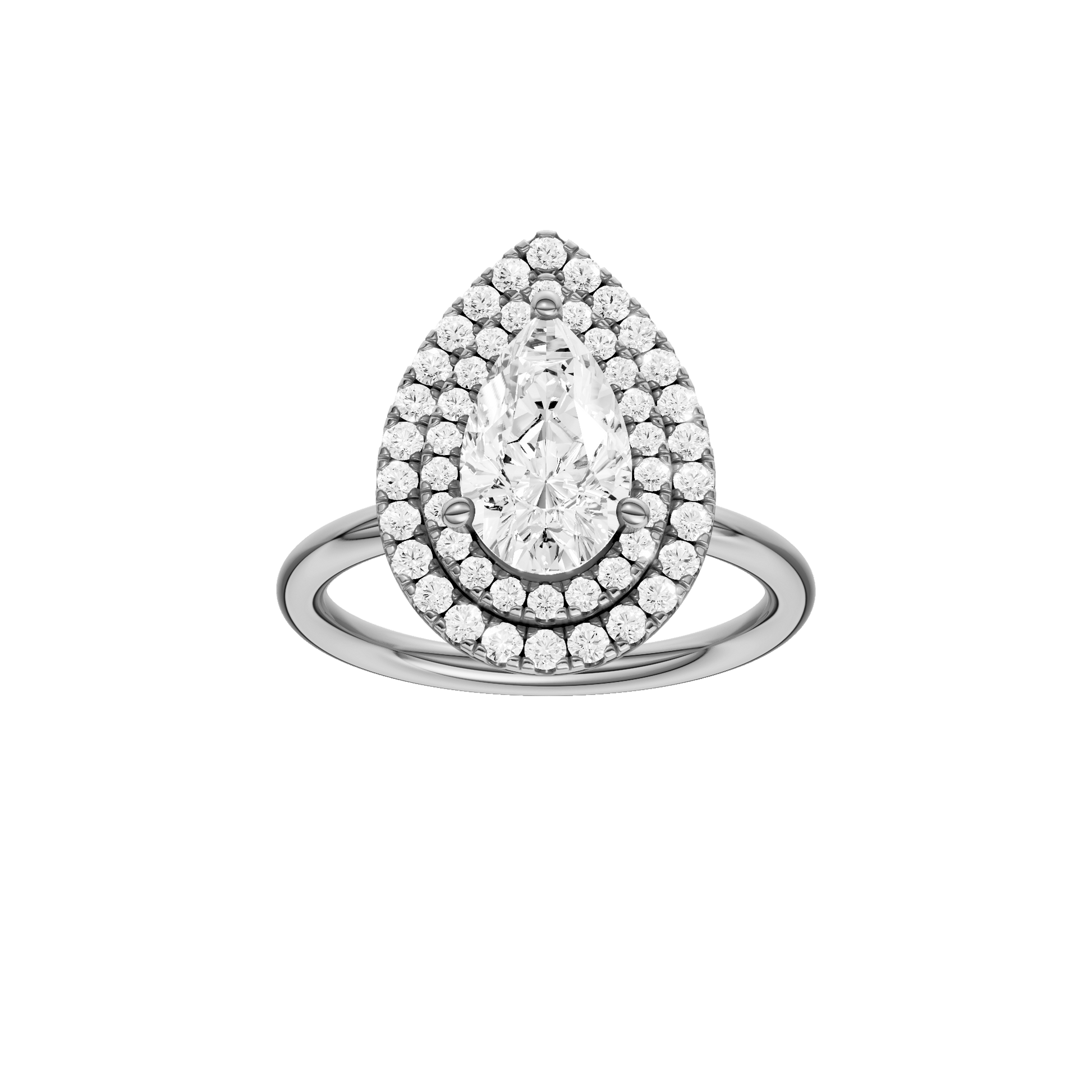 Pear-cut diamond engagement ring with a plain band and double-halo setting.