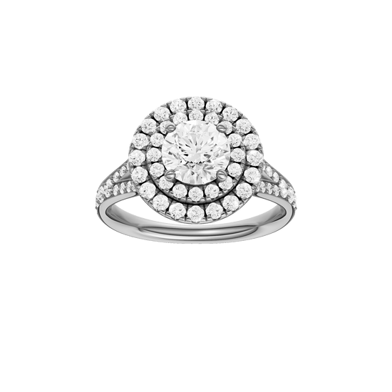 Round-cut diamond engagement ring with a channel-set diamond band and double-halo setting.
