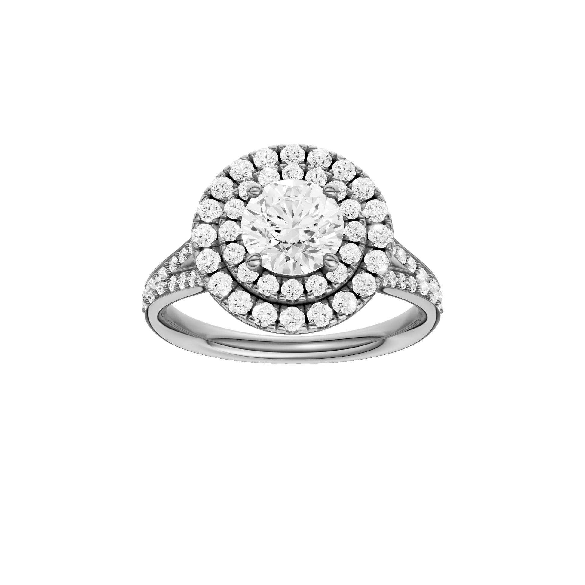 Round-cut diamond engagement ring with a channel-set diamond band and double-halo setting.