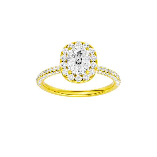 Elongated cushion-cut diamond engagement ring with a pavé-set diamond band and halo setting.