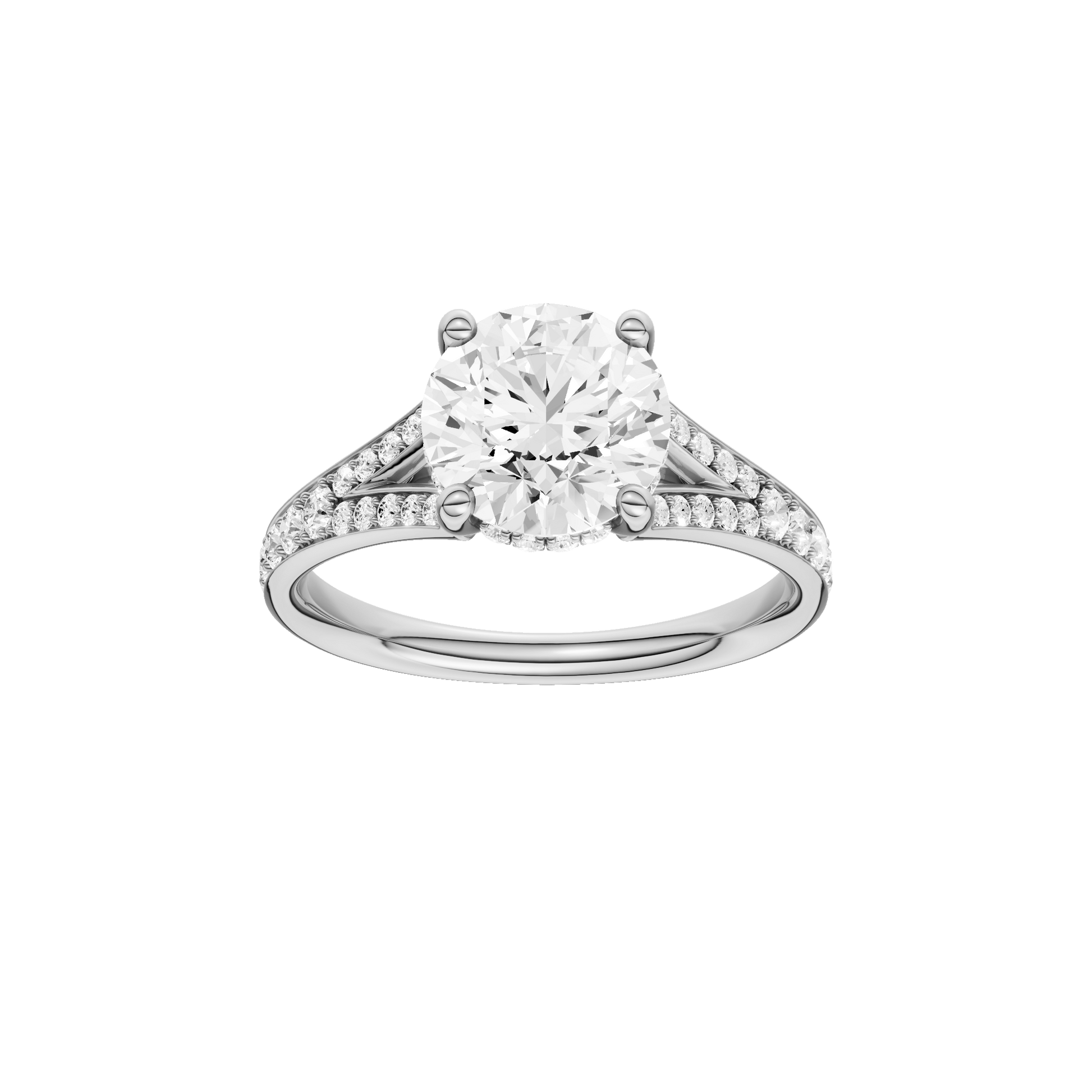 Round-cut diamond engagement ring with a channel-set diamond band and hidden-halo setting.