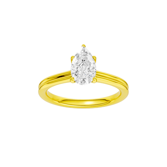 Pear-cut diamond engagement ring with a plain band and solitaire setting.