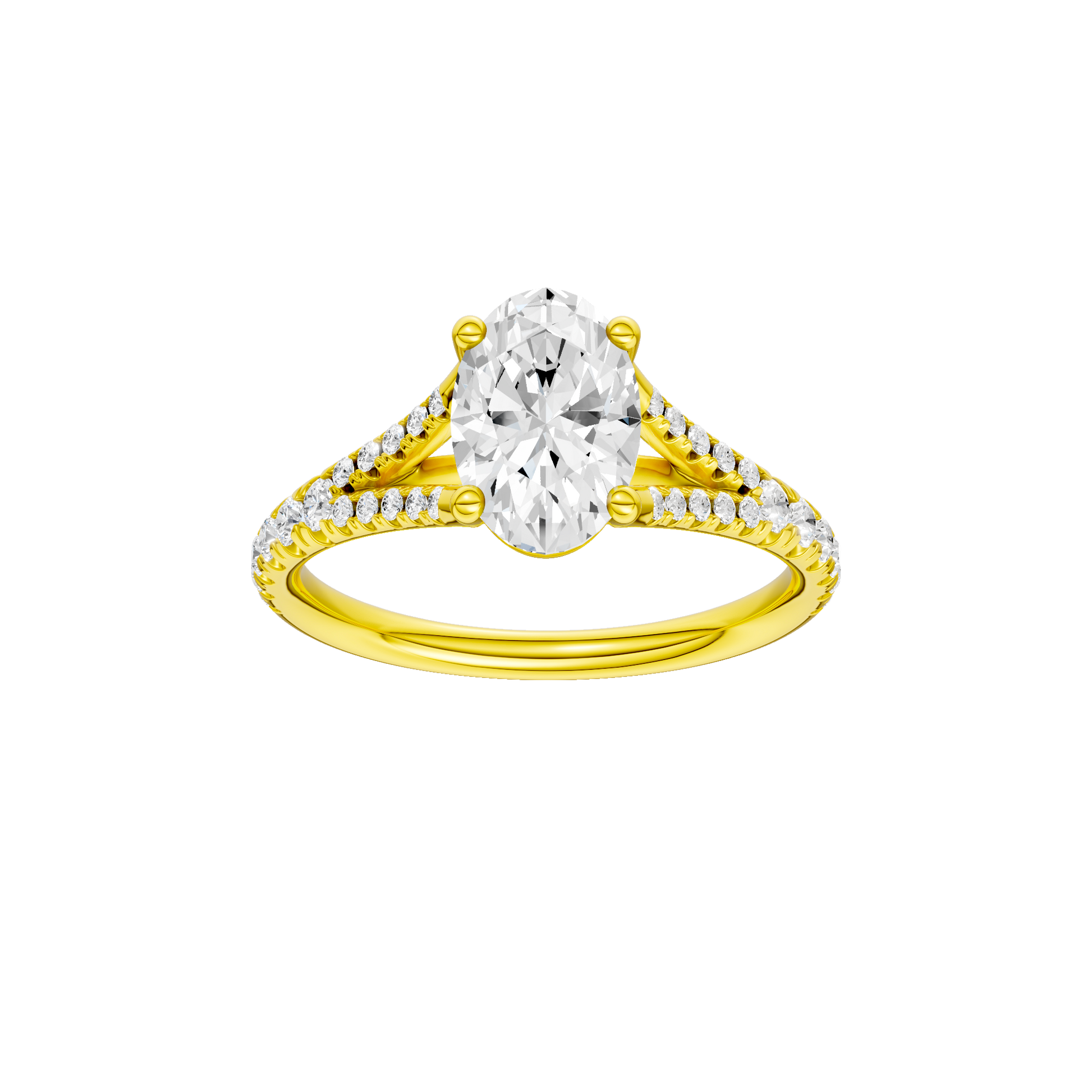 Oval-cut diamond engagement ring with a prong-set diamond band and solitaire setting.