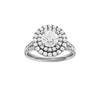 Round-cut diamond engagement ring with a channel-set diamond band and double-halo setting.