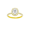 Elongated cushion-cut diamond engagement ring with a pavé-set diamond band and halo setting.