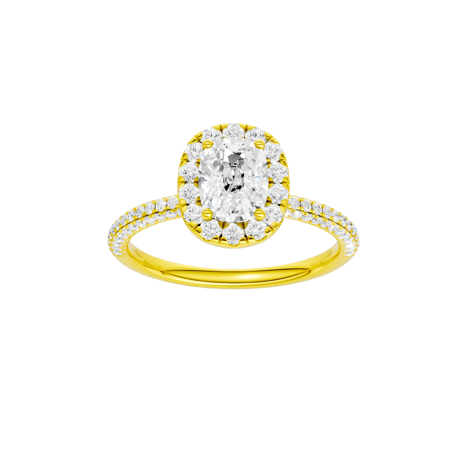 Elongated cushion-cut diamond engagement ring with a pavé-set diamond band and halo setting.