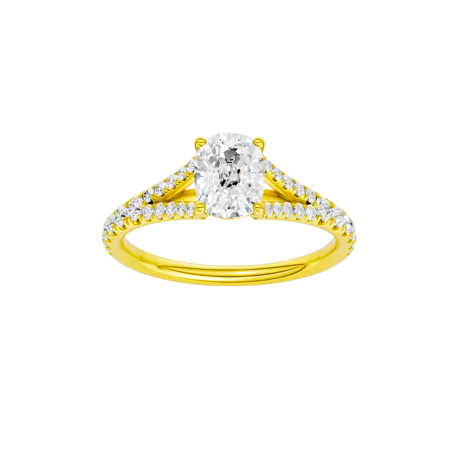 Elongated cushion-cut diamond engagement ring with a prong-set diamond band and solitaire setting.