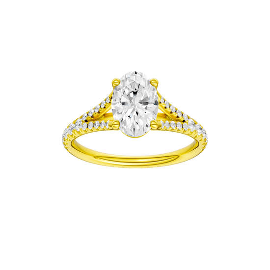 Oval-cut diamond engagement ring with a prong-set diamond band and solitaire setting.