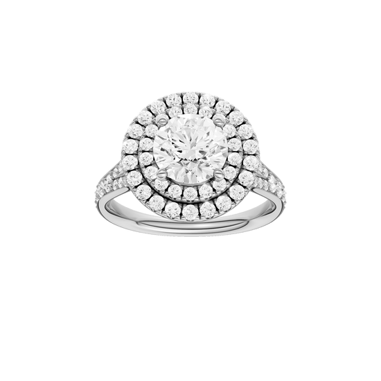 Round-cut diamond engagement ring with a channel-set diamond band and double-halo setting.