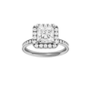 Princess-cut diamond engagement ring with a channel-set diamond band and halo setting.