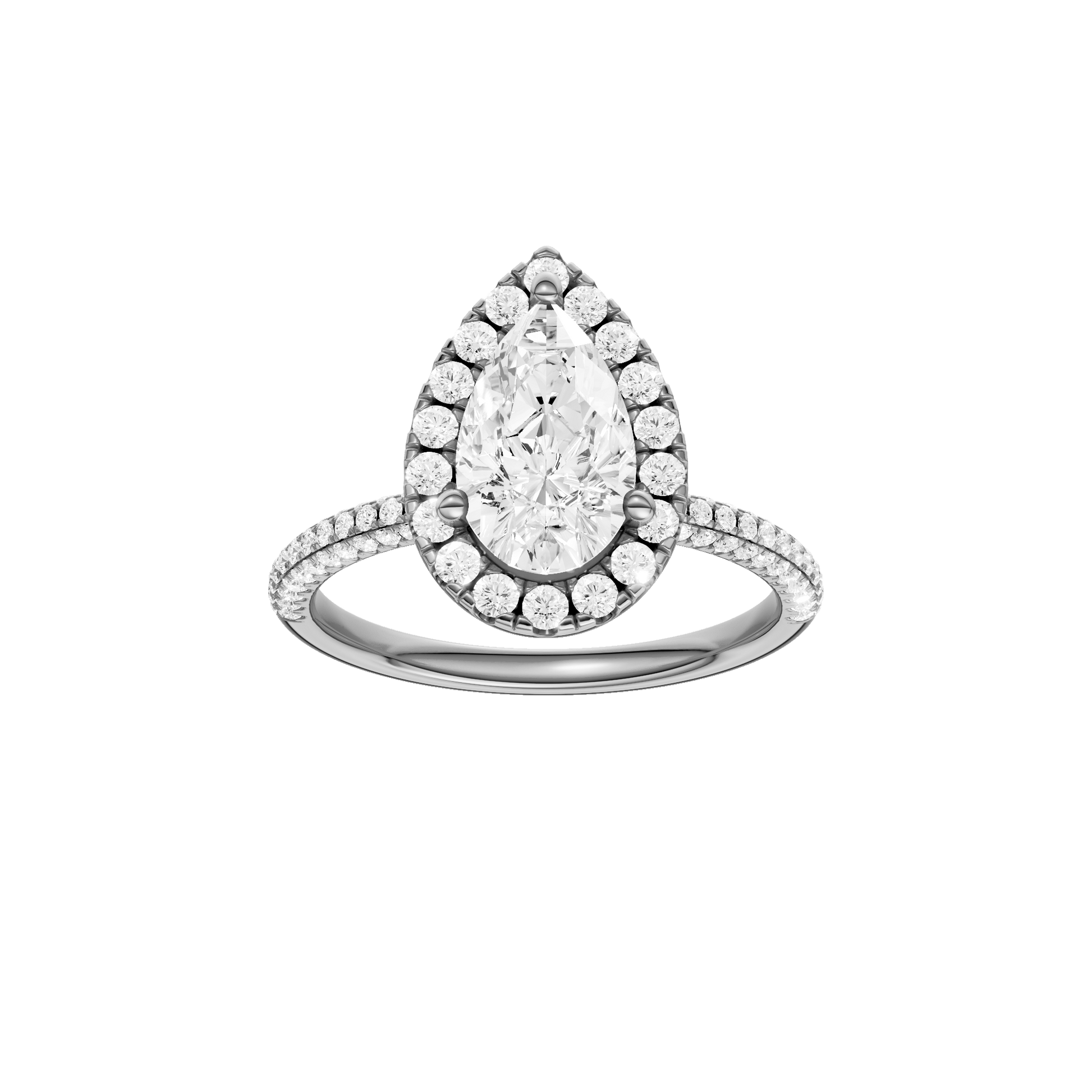 Pear-cut diamond engagement ring with a pavé-set diamond band and halo setting.