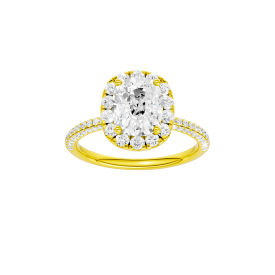 Elongated cushion-cut diamond engagement ring with a pavé-set diamond band and halo setting.