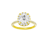 Elongated cushion-cut diamond engagement ring with a pavé-set diamond band and halo setting.