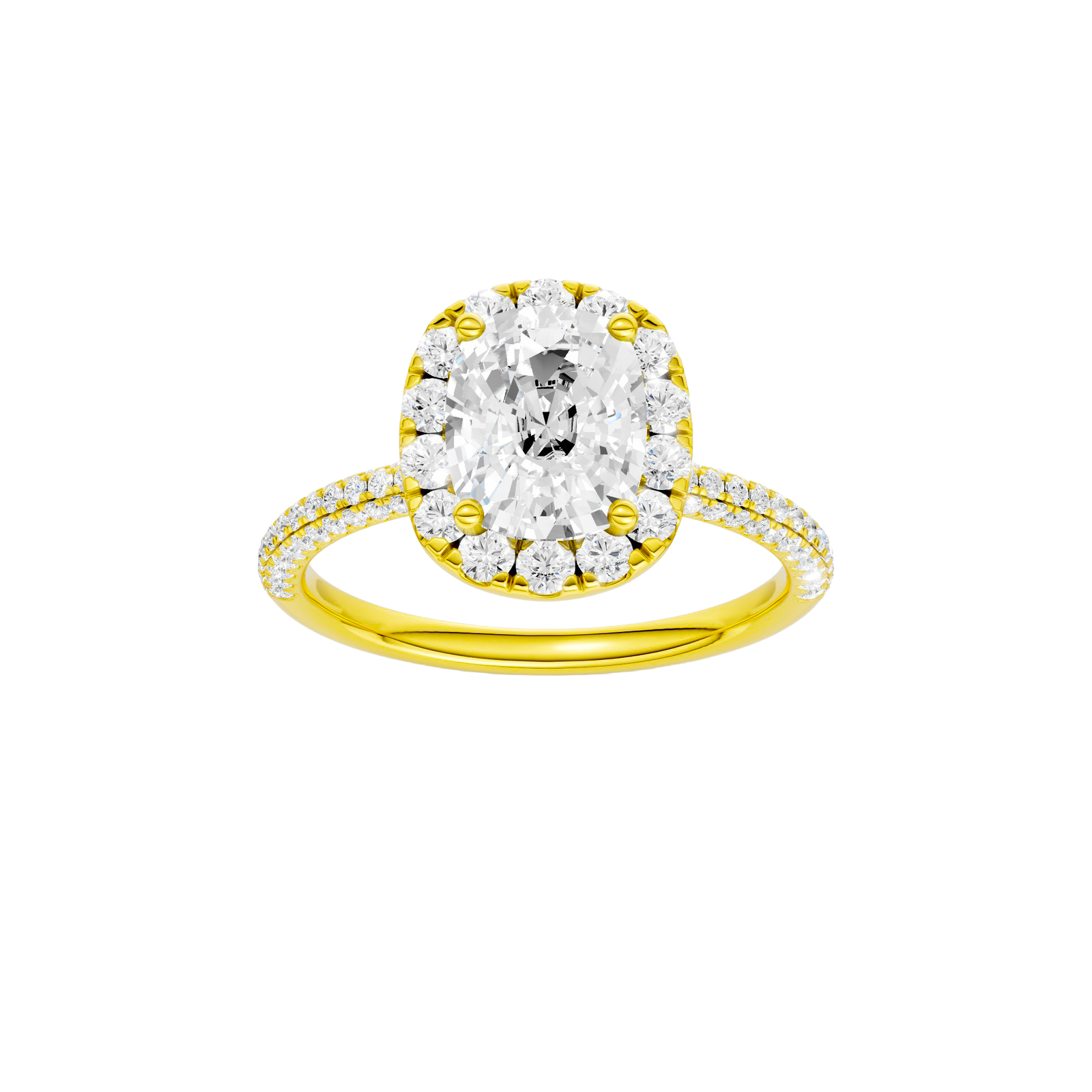 Elongated cushion-cut diamond engagement ring with a pavé-set diamond band and halo setting.