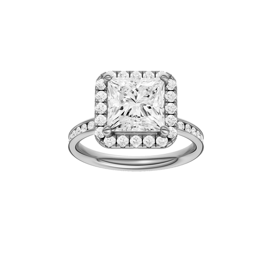 Princess-cut diamond engagement ring with a channel-set diamond band and halo setting.