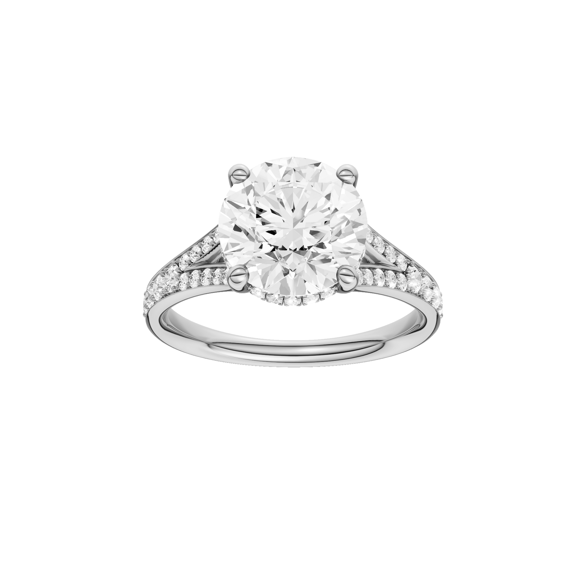 Round-cut diamond engagement ring with a channel-set diamond band and hidden-halo setting.