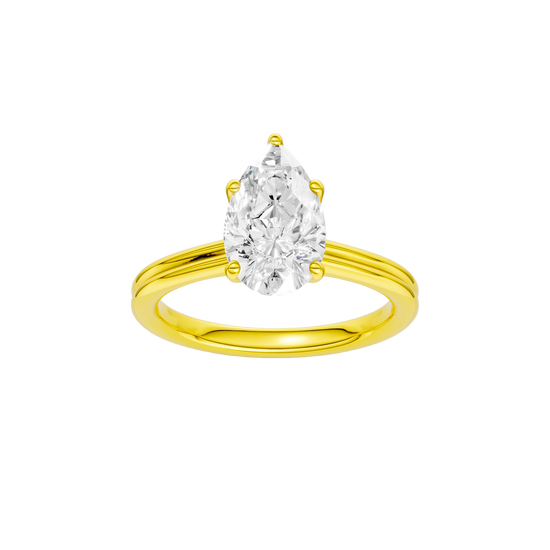 Pear-cut diamond engagement ring with a plain band and solitaire setting.