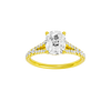 Elongated cushion-cut diamond engagement ring with a prong-set diamond band and solitaire setting.