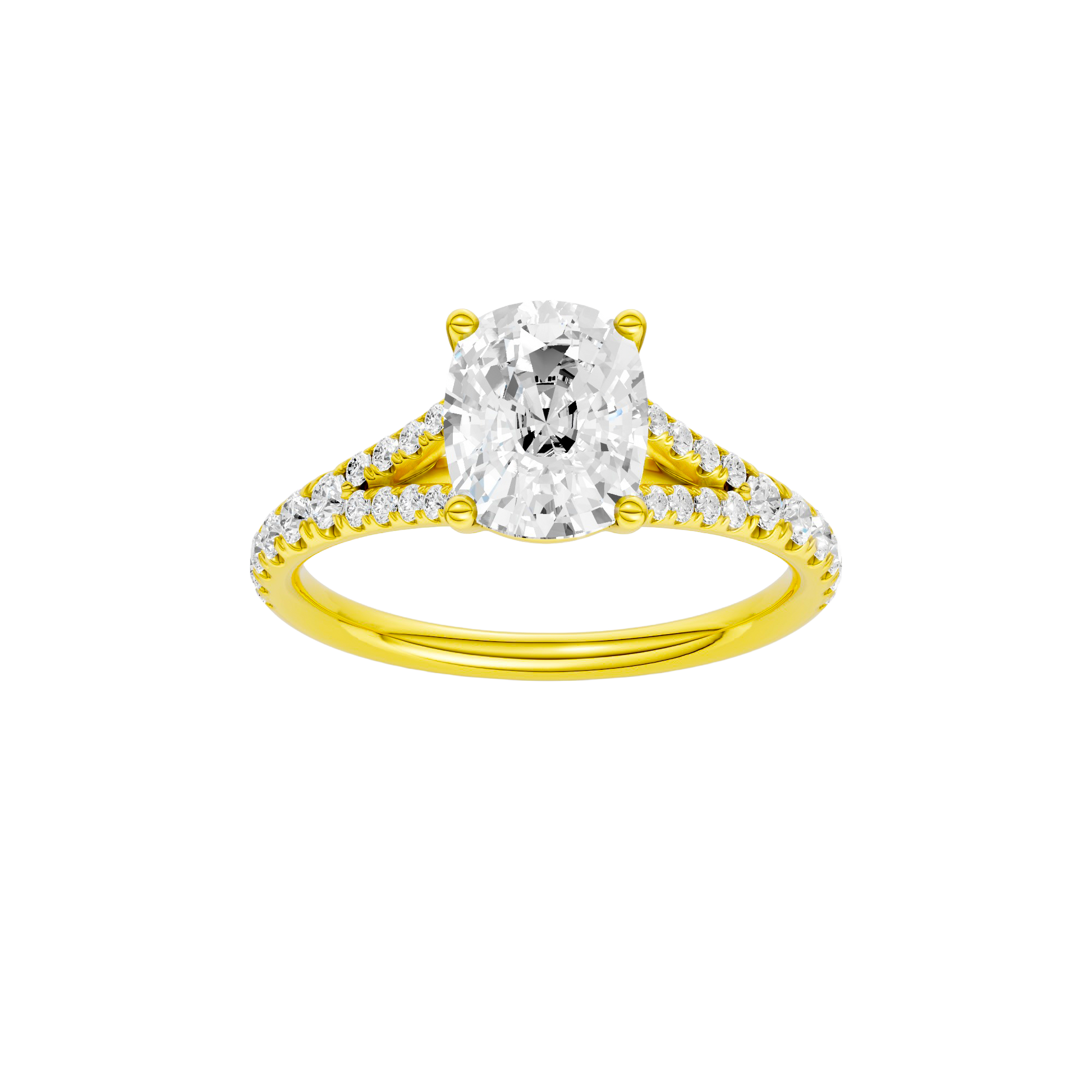 Elongated cushion-cut diamond engagement ring with a prong-set diamond band and solitaire setting.