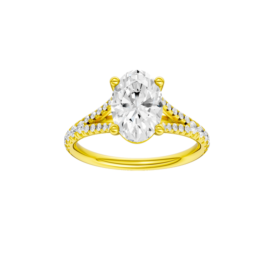 Oval-cut diamond engagement ring with a prong-set diamond band and solitaire setting.