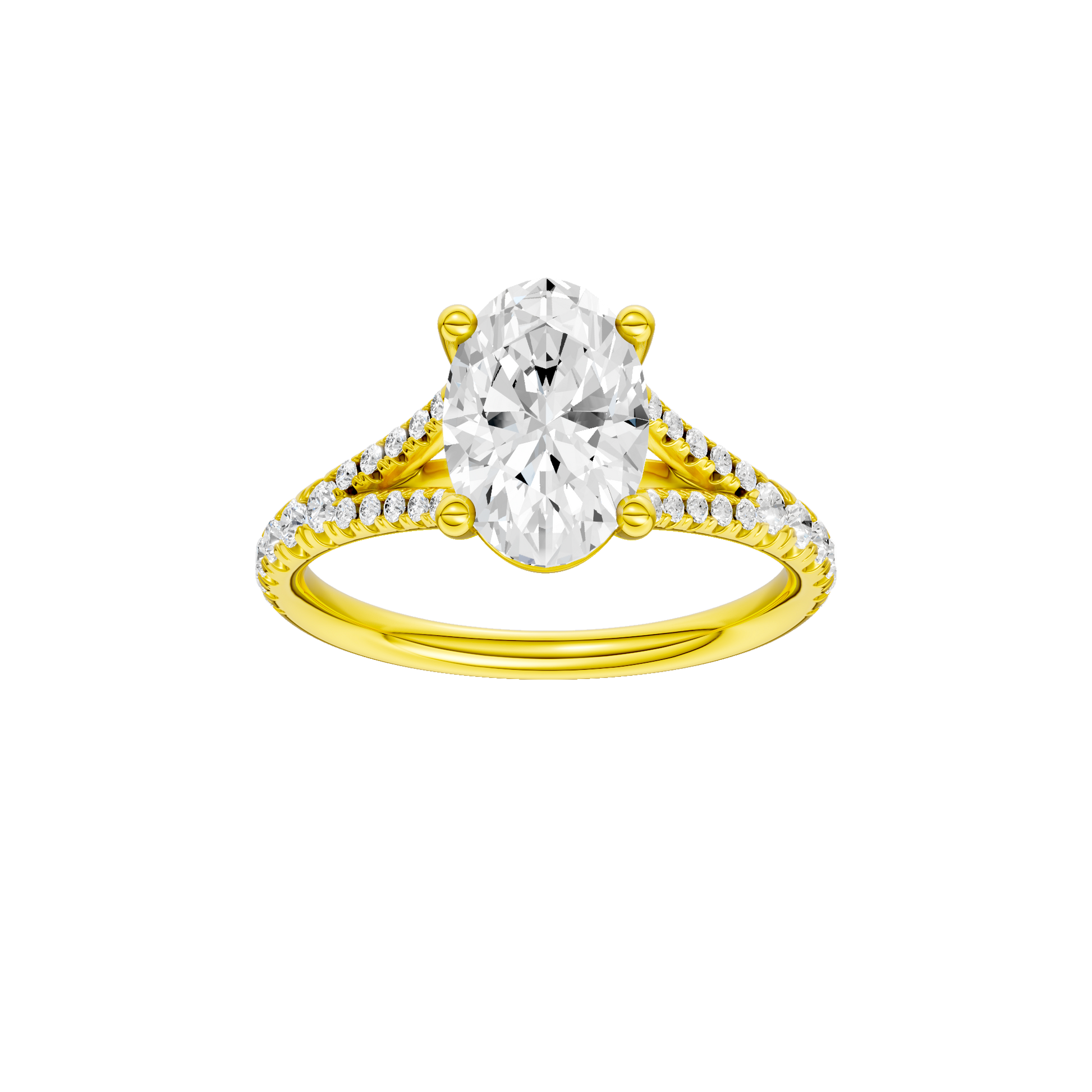 Oval-cut diamond engagement ring with a prong-set diamond band and solitaire setting.