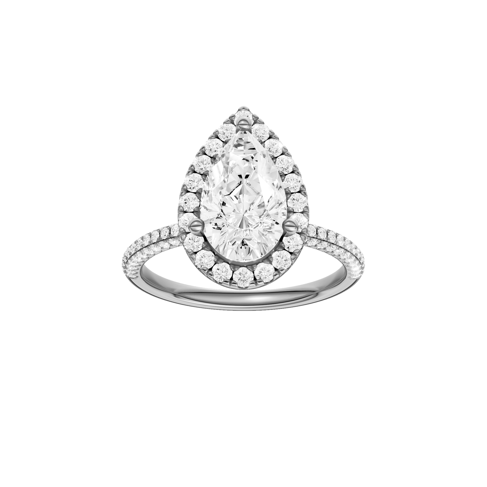 Pear-cut diamond engagement ring with a pavé-set diamond band and halo setting.