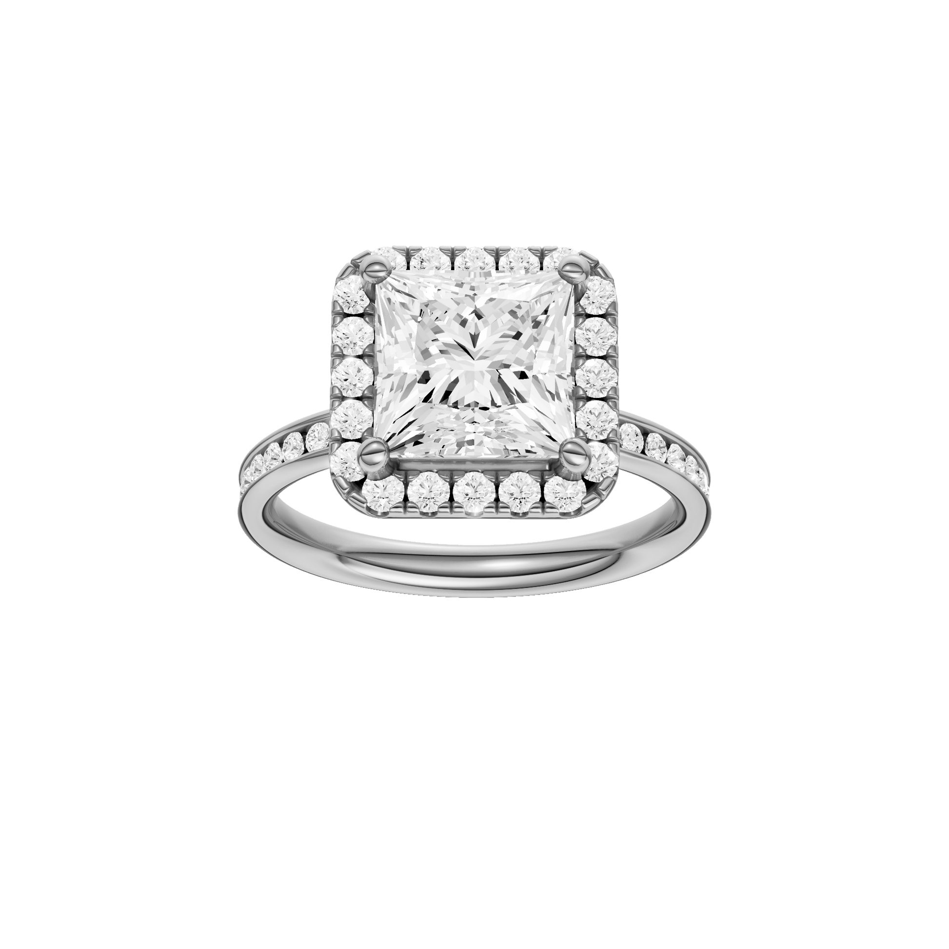 Princess-cut diamond engagement ring with a channel-set diamond band and halo setting.