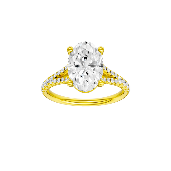 Oval-cut diamond engagement ring with a prong-set diamond band and solitaire setting.