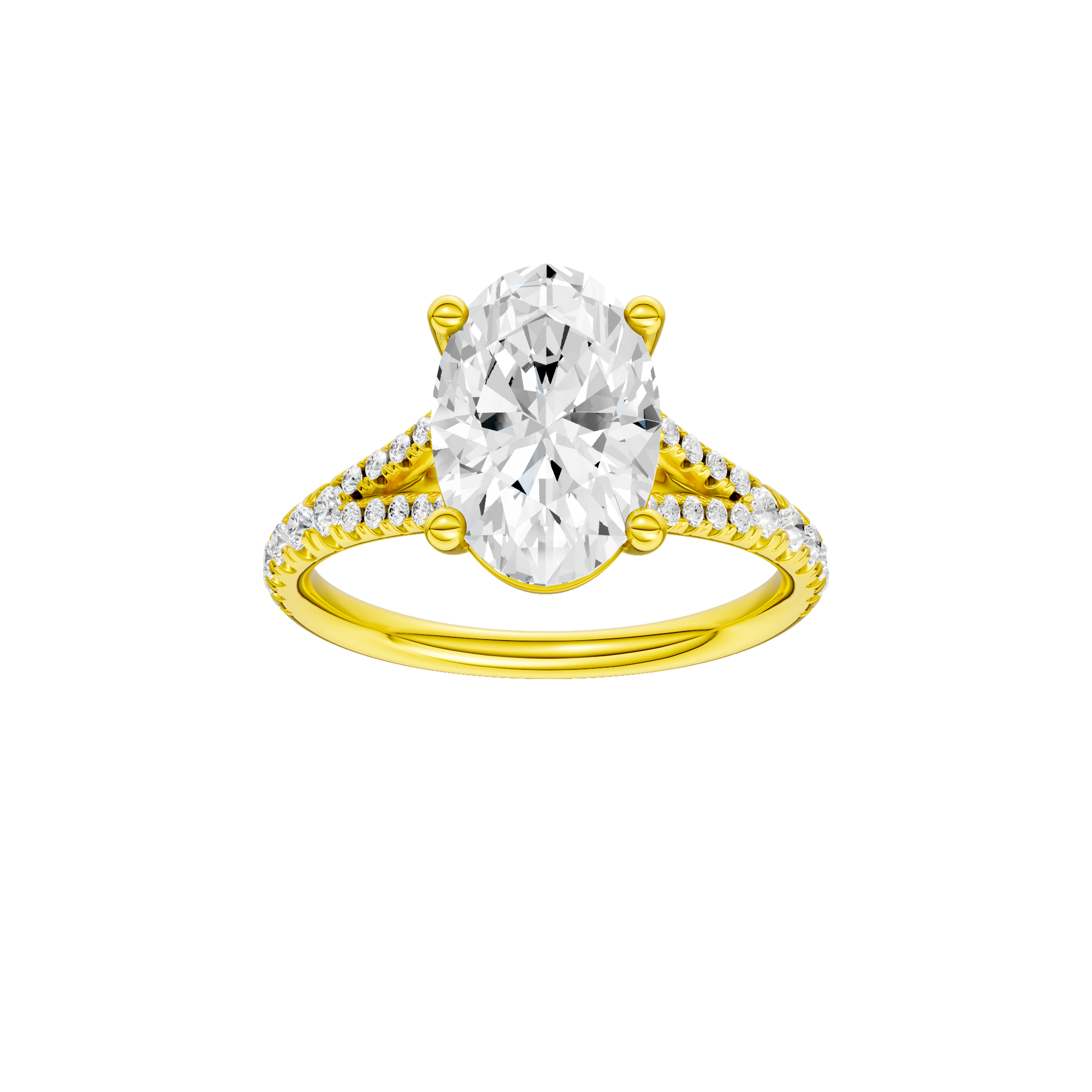 Oval-cut diamond engagement ring with a prong-set diamond band and solitaire setting.