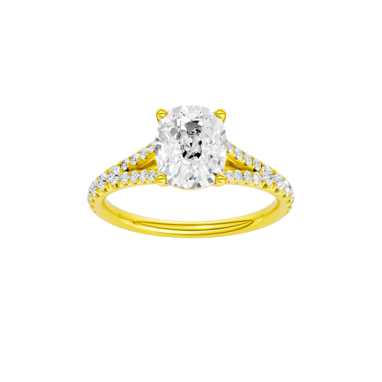 Elongated cushion-cut diamond engagement ring with a prong-set diamond band and solitaire setting.