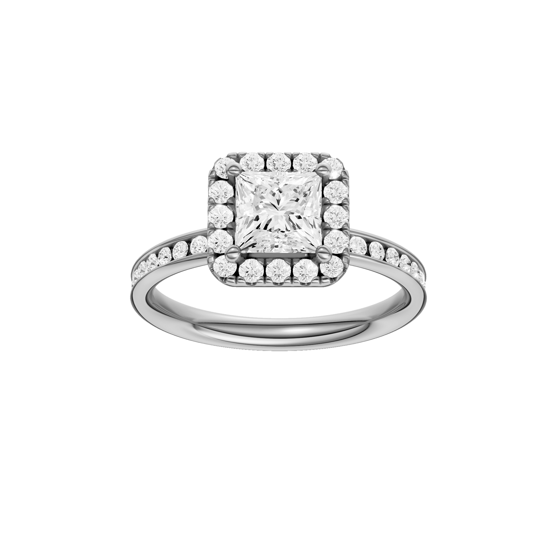 Princess-cut diamond engagement ring with a channel-set diamond band and halo setting.