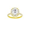 Elongated cushion-cut diamond engagement ring with a pavé-set diamond band and halo setting.