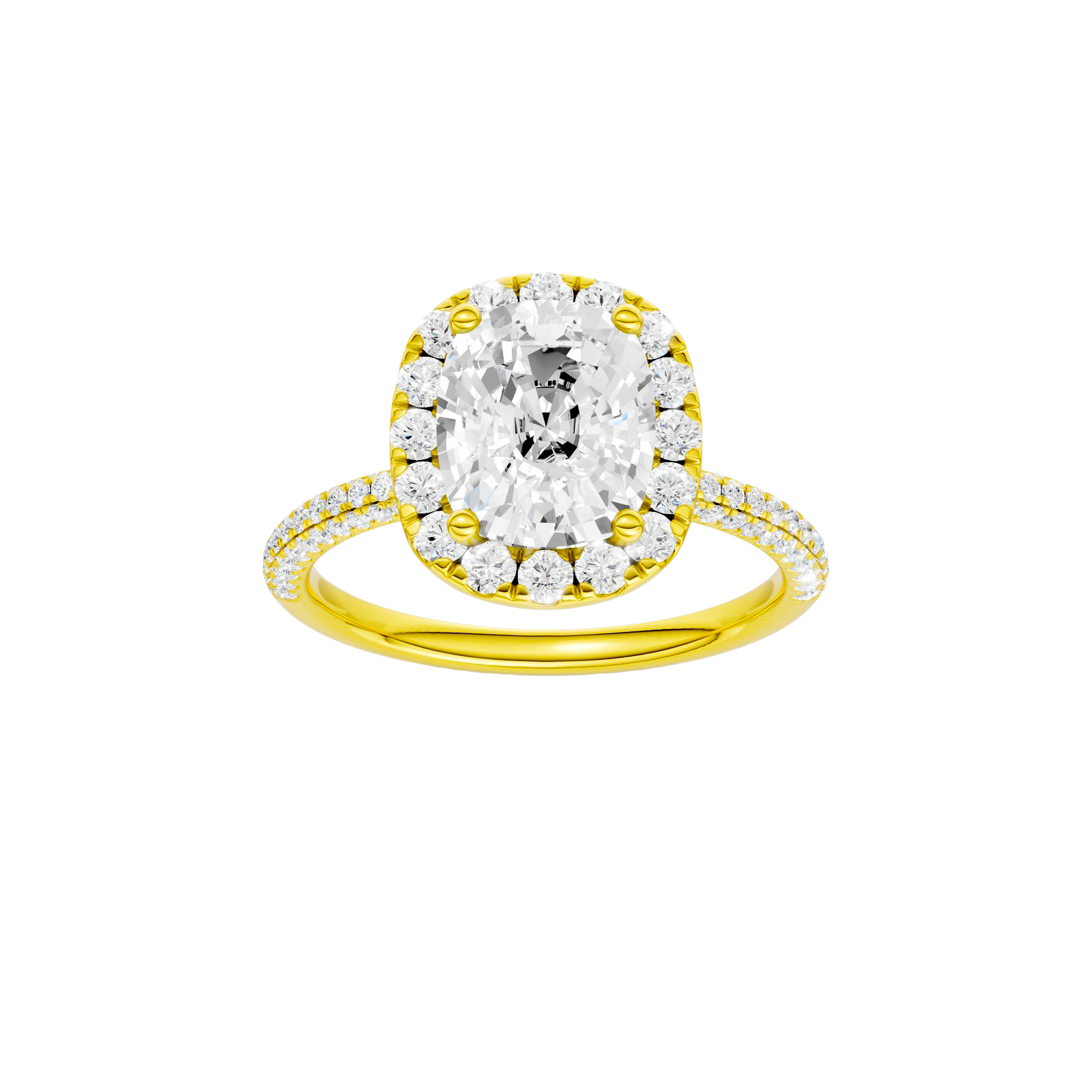 Elongated cushion-cut diamond engagement ring with a pavé-set diamond band and halo setting.