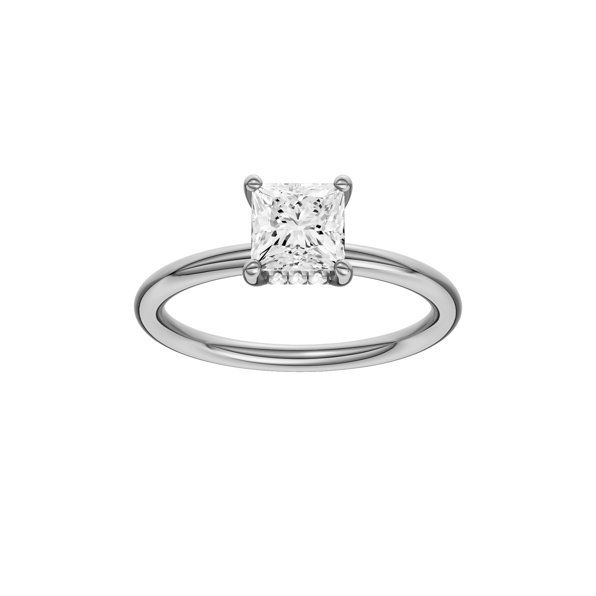 Princess-cut diamond engagement ring with a plain band and hidden-halo setting.