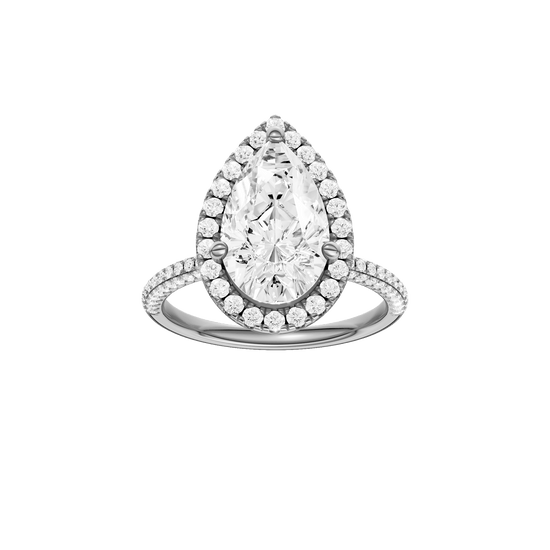 Pear-cut diamond engagement ring with a pavé-set diamond band and halo setting.