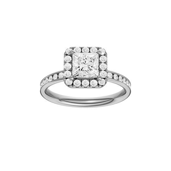 Princess-cut diamond engagement ring with a channel-set diamond band and halo setting.